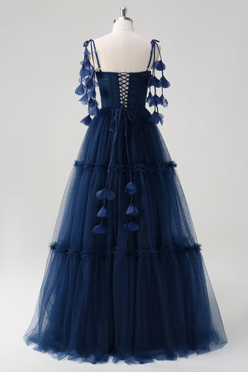 Granatowa linia A Spaghetti Ramiączka Gorset Falbany Tiulowa długa sukienka dla druhen